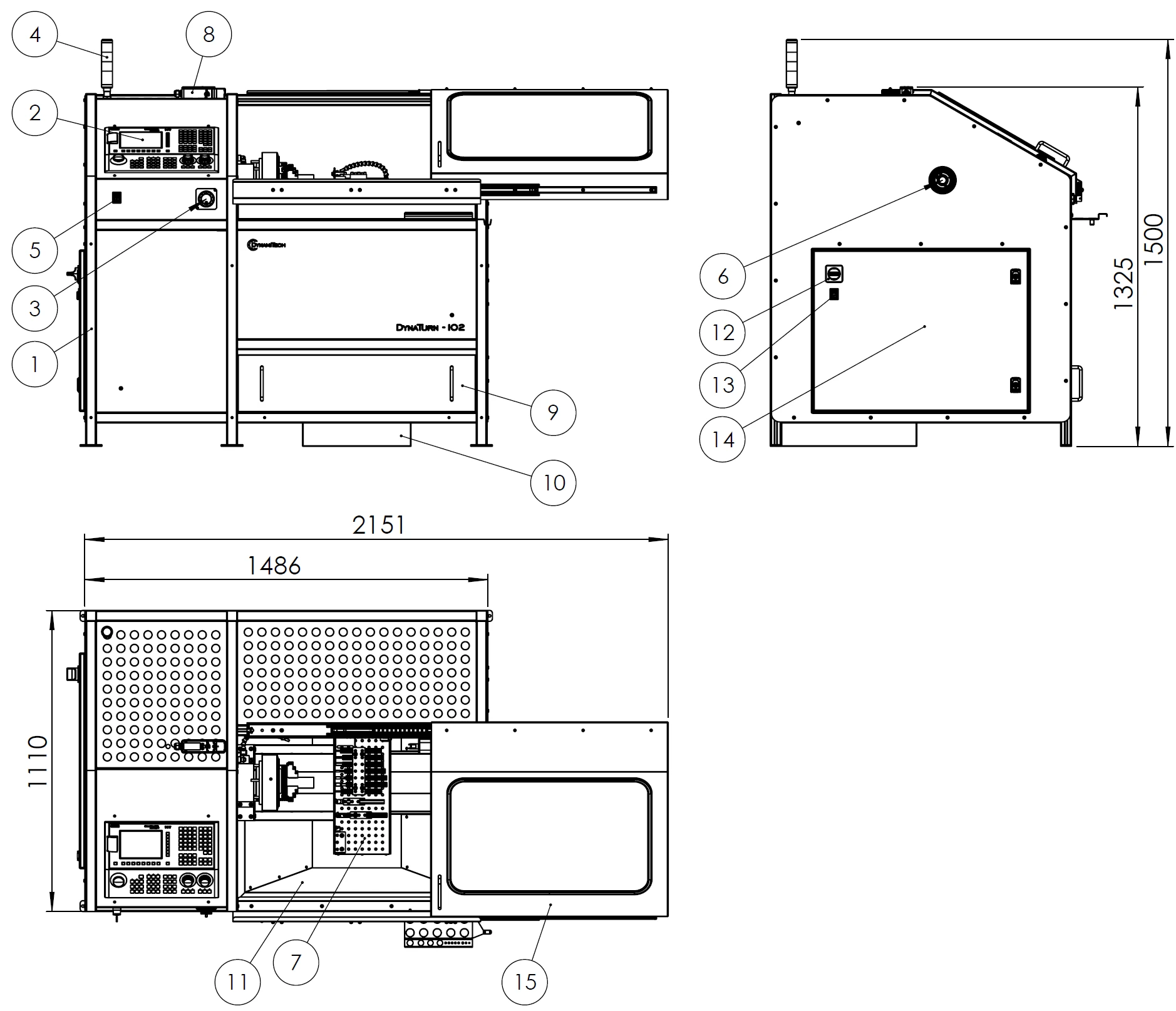 Front, side and top views of the Dyna Turn 102 with the numbered machine components and the overall dimensions 2151 x 1110 x 1500 mm
