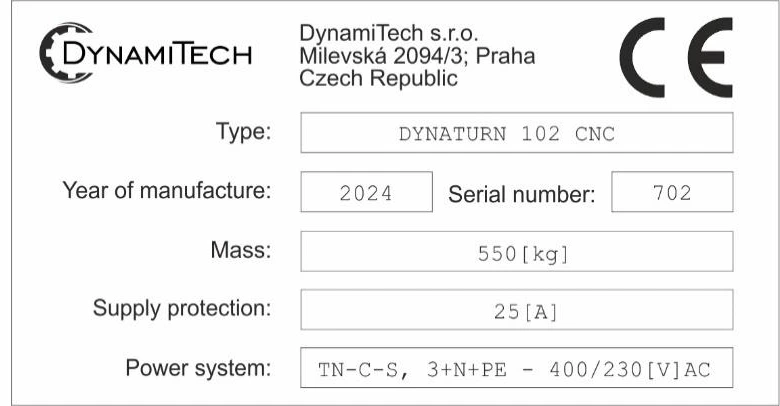 Machine production label showing type, year of manufacture, serial number, mass, supply protection and power system