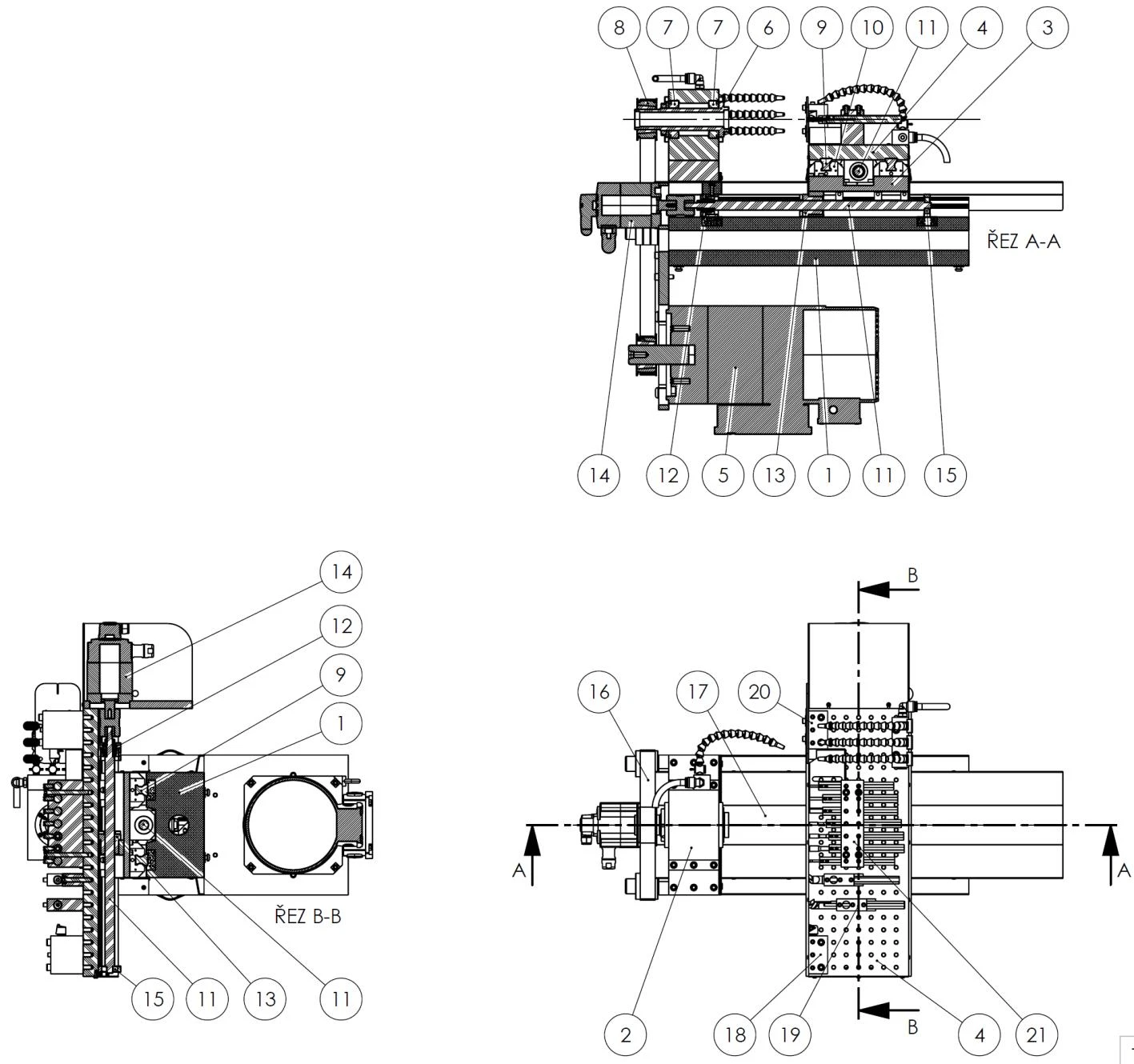 Sections A-A and B-B through the machine mechanics with the numbered assemblies