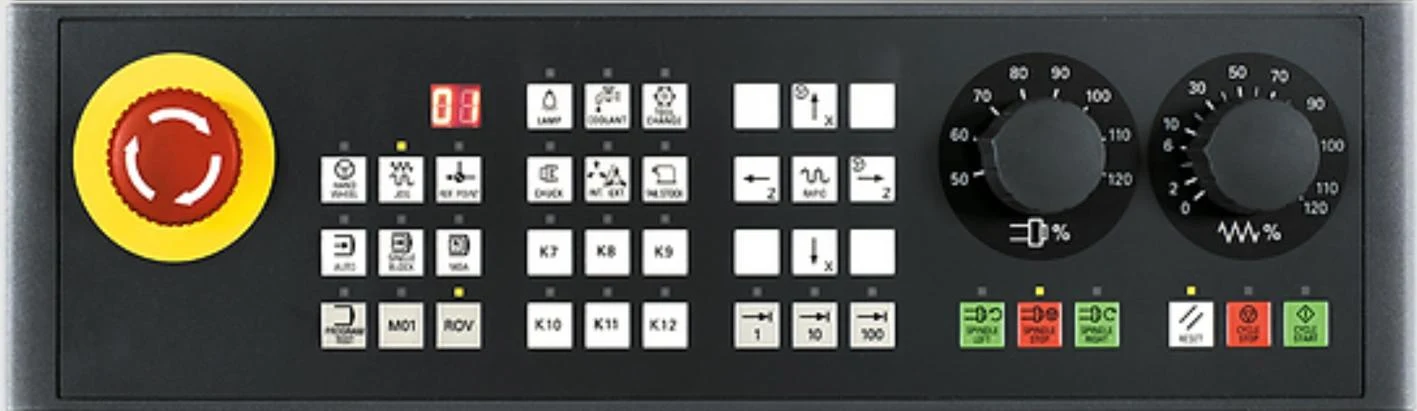 Horizontal machine control panel with emergency stop button and the spindle and feedrate override switches