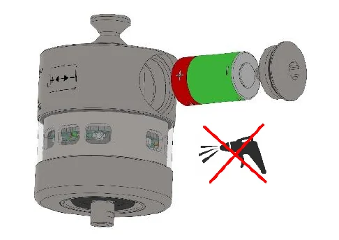 The probe with the battery cap unscrewed and the battery withdrawn, marked with the crossed-out compressed air symbol