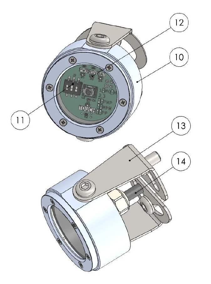 Views of the TP1-IR receiver with items 10 to 14 called out