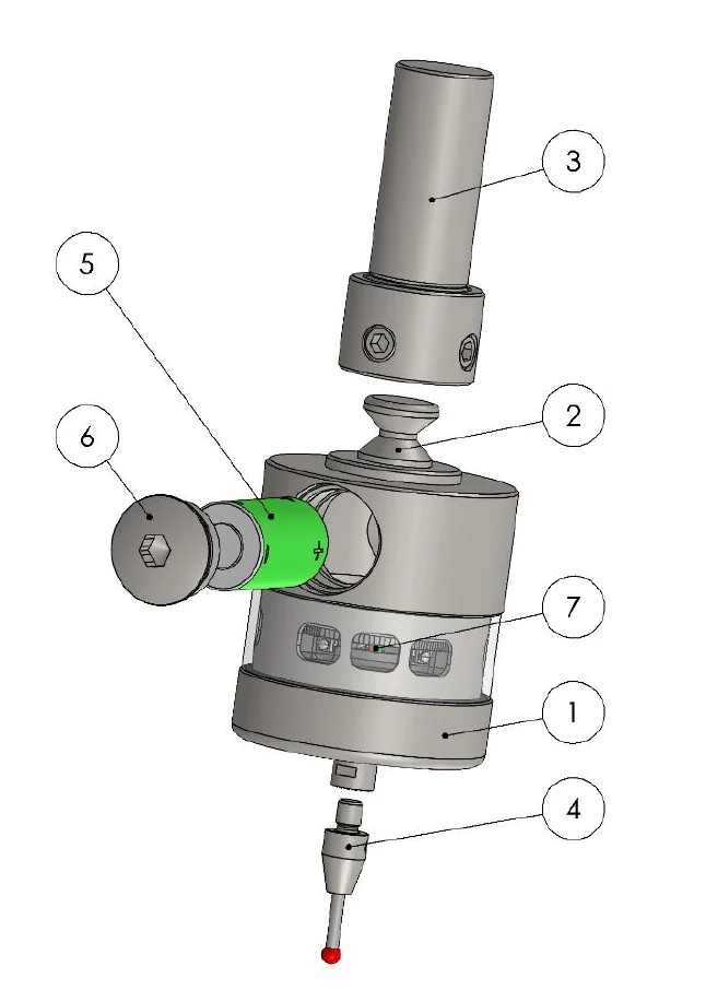 Exploded view of the TP1-IR transmitter with items 1 to 7 called out